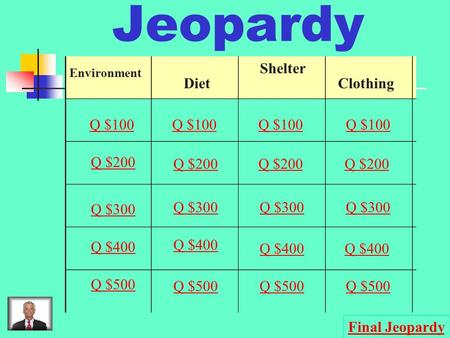 Jeopardy Environment Diet Shelter Clothing Q $100 Q $200 Q $300 Q $400 Q $500 Q $100 Q $200 Q $300 Q $400 Q $500 Final Jeopardy.