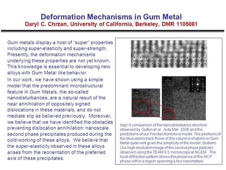 Deformation Mechanisms in Gum Metal Daryl C. Chrzan, University of California, Berkeley, DMR 1105081 Gum metals display a host of “super” properties including.