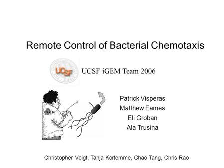 Remote Control of Bacterial Chemotaxis UCSF iGEM Team 2006 Patrick Visperas Matthew Eames Eli Groban Ala Trusina Christopher Voigt, Tanja Kortemme, Chao.