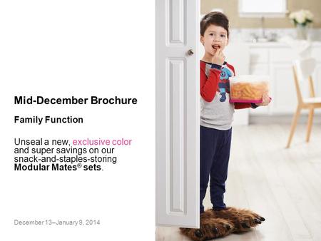 Mid-December Brochure Unseal a new, exclusive color and super savings on our snack-and-staples-storing Modular Mates ® sets. December 13–January 9, 2014.