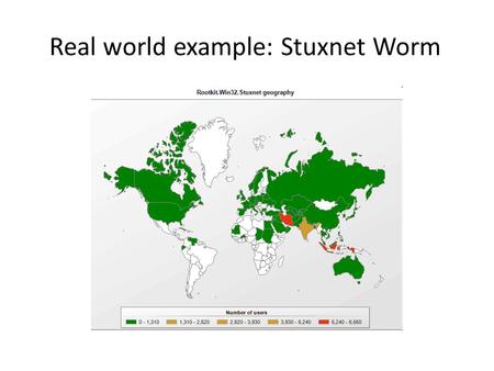 Real world example: Stuxnet Worm. Stuxnet: Overview June 2010: A worm targeting Siemens WinCC industrial control system. Targets high speed variable-frequency.