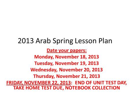 2013 Arab Spring Lesson Plan Date your papers: Monday, November 18, 2013 Tuesday, November 19, 2013 Wednesday, November 20, 2013 Thursday, November 21,