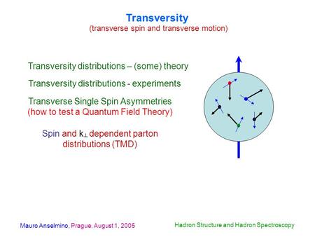 Mauro Anselmino, Prague, August 1, 2005 Hadron Structure and Hadron Spectroscopy Transversity (transverse spin and transverse motion) Transversity distributions.