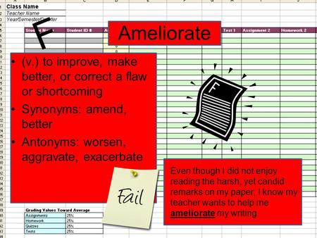 F Ameliorate (v.) to improve, make better, or correct a flaw or shortcoming Synonyms: amend, better Antonyms: worsen, aggravate, exacerbate Even though.