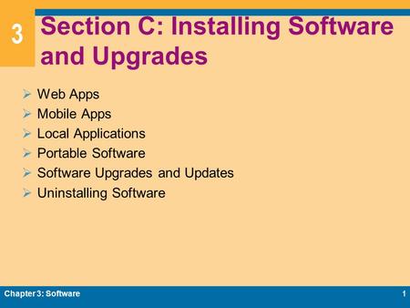 3 Section C: Installing Software and Upgrades  Web Apps  Mobile Apps  Local Applications  Portable Software  Software Upgrades and Updates  Uninstalling.