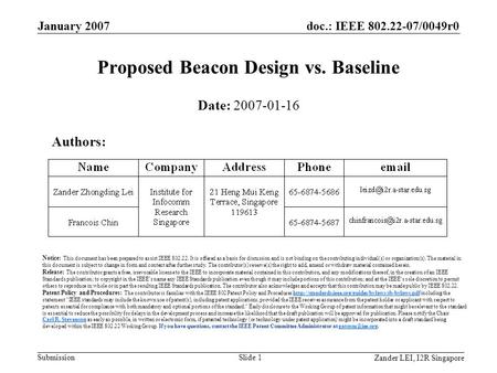 Doc.: IEEE 802.22-07/0049r0 Submission Zander LEI, I2R Singapore January 2007 Slide 1 Proposed Beacon Design vs. Baseline Date: 2007-01-16 Authors: Notice: