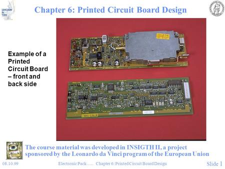 08.10.99Electronic Pack….. Chapter 6: Printed Circuit Board Design Slide 1 Chapter 6: Printed Circuit Board Design Example of a Printed Circuit Board –
