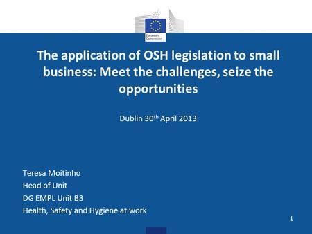 The application of OSH legislation to small business: Meet the challenges, seize the opportunities Dublin 30 th April 2013 Teresa Moitinho Head of Unit.