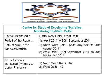 1 Centre for Study of Developing Societies, Monitoring Institute, Delhi District Monitored :North West Delhi, West Delhi Period of the Report :1st April.