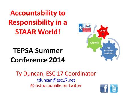 Accountability to Responsibility in a STAAR World! TEPSA Summer Conference 2014 Ty Duncan, ESC 17 on Twitter.