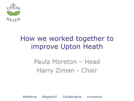 Reflective Respectful Collaborative Innovative How we worked together to improve Upton Heath Paula Moreton – Head Harry Ziman - Chair.
