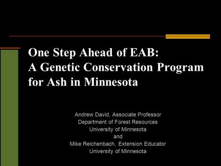 One Step Ahead of EAB: A Genetic Conservation Program for Ash in Minnesota Andrew David, Associate Professor Department of Forest Resources University.