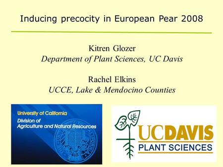 Inducing precocity in European Pear 2008 Kitren Glozer Department of Plant Sciences, UC Davis Rachel Elkins UCCE, Lake & Mendocino Counties.
