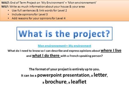 The format of your project is entirely up to you. It can be a powerpoint presentation, a letter, a brochure, a leaflet Mon environnement = My environment.