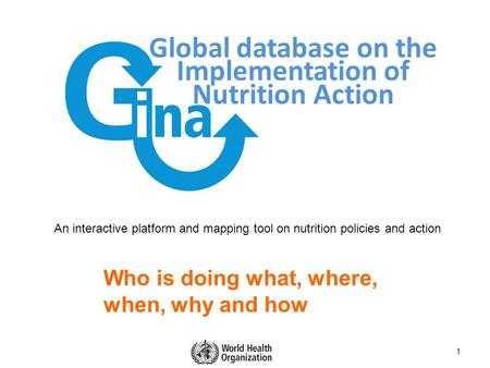 Global database on the Implementation of Nutrition Action 1 Who is doing what, where, when, why and how An interactive platform and mapping tool on nutrition.