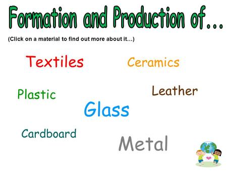 Metal Textiles Glass Plastic Leather Cardboard Ceramics (Click on a material to find out more about it…)