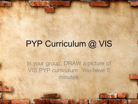 PYP VIS In your group, DRAW a picture of VIS PYP curriculum. You have 5 minutes.