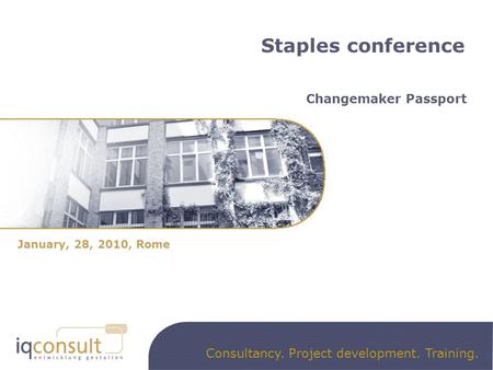 Consultancy. Project development. Training. January, 28, 2010, Rome Staples conference Changemaker Passport.