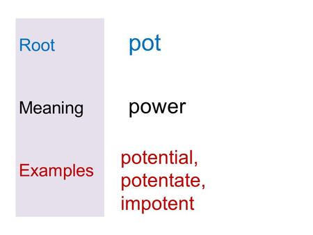 Root Meaning Examples pot potential, potentate, impotent power.