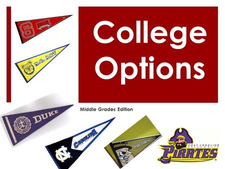 Middle Grades Edition College Options. So What? Dream Career…. Now What? After high school… Colleg e Options.