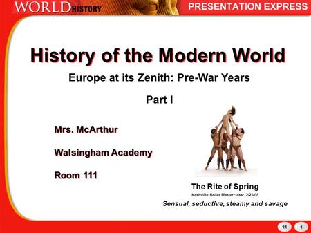History of the Modern World Europe at its Zenith: Pre-War Years Part I Mrs. McArthur Walsingham Academy Room 111 Mrs. McArthur Walsingham Academy Room.