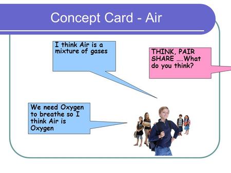 Concept Card - Air We need Oxygen to breathe so I think Air is Oxygen I think Air is a mixture of gases THINK, PAIR SHARE ….What do you think?