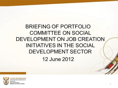 BRIEFING OF PORTFOLIO COMMITTEE ON SOCIAL DEVELOPMENT ON JOB CREATION INITIATIVES IN THE SOCIAL DEVELOPMENT SECTOR 12 June 2012.