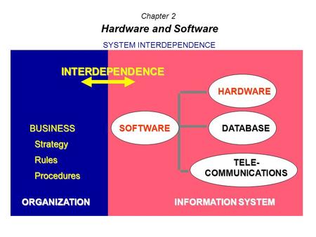 SYSTEM INTERDEPENDENCE BUSINESS Strategy Strategy Rules Rules Procedures Procedures ORGANIZATION INFORMATION SYSTEM INTERDEPENDENCE SOFTWARE HARDWARE DATABASE.