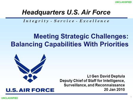I n t e g r i t y - S e r v i c e - E x c e l l e n c e Headquarters U.S. Air Force 1 Meeting Strategic Challenges: Balancing Capabilities With Priorities.