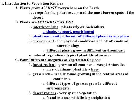 I. Introduction to Vegetation Regions A. Plants grow ALMOST everywhere on the Earth 1. except for the polar ice caps and the most barren spots of the desert.
