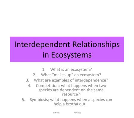 Interdependent Relationships in Ecosystems 1.What is an ecosystem? 2.What “makes up” an ecosystem? 3.What are examples of interdependence? 4.Competition;