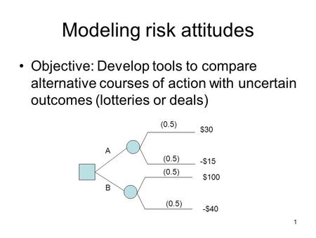 1 Modeling risk attitudes Objective: Develop tools to compare alternative courses of action with uncertain outcomes (lotteries or deals) A B $30 -$15 $100.