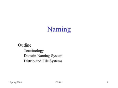 Spring 2003CS 4611 Naming Outline Terminology Domain Naming System Distributed File Systems.