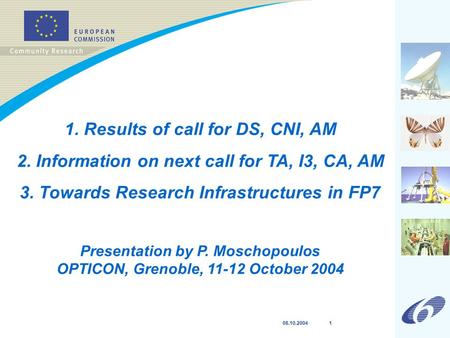 08.10.2004 1 1. Results of call for DS, CNI, AM 2. Information on next call for TA, I3, CA, AM 3. Towards Research Infrastructures in FP7 Presentation.