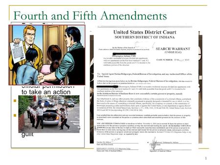 1 Fourth and Fifth Amendments Police State – country where military or law enforcement are in power and abuse power Warrant – document that gives law enforcement.