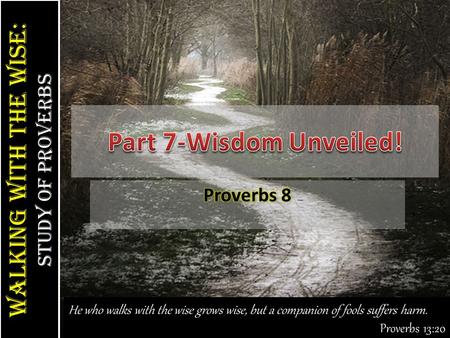Walking With the Wise: study of Proverbs Walking With the Wise: study of Proverbs He who walks with the wise grows wise, but a companion of fools suffers.
