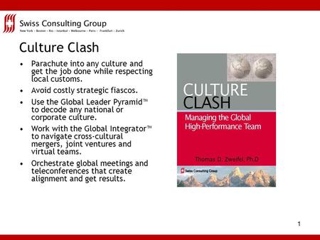 1 Culture Clash Parachute into any culture and get the job done while respecting local customs. Avoid costly strategic fiascos. Use the Global Leader.