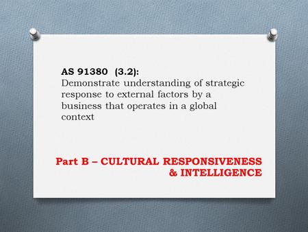 Part B – CULTURAL RESPONSIVENESS & INTELLIGENCE AS 91380 (3.2): Demonstrate understanding of strategic response to external factors by a business that.