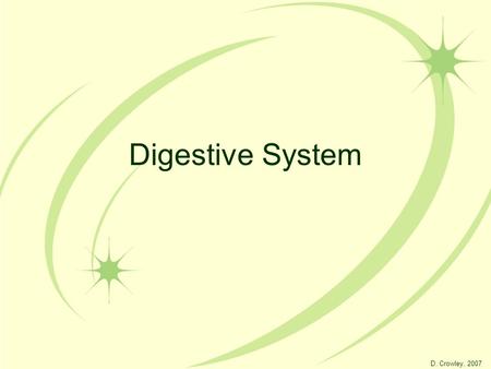 Digestive System D. Crowley, 2007. Digestive System To be able to label the digestive system, and explain the function of each part.
