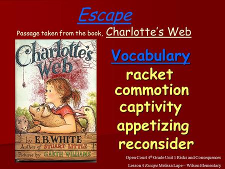 racket commotion captivity appetizing reconsider Escape Passage taken from the book, Charlotte’s Web Open Court 4 th Grade Unit 1 Risks and Consequences.