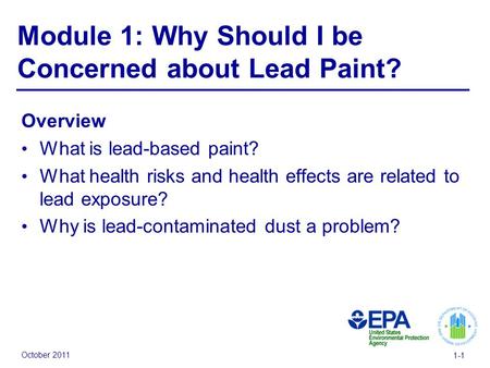 October 2011 1-1 Module 1: Why Should I be Concerned about Lead Paint? Overview What is lead-based paint? What health risks and health effects are related.