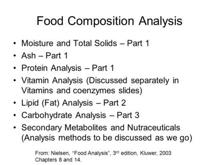 Food Composition Analysis Moisture and Total Solids – Part 1 Ash – Part 1 Protein Analysis – Part 1 Vitamin Analysis (Discussed separately in Vitamins.