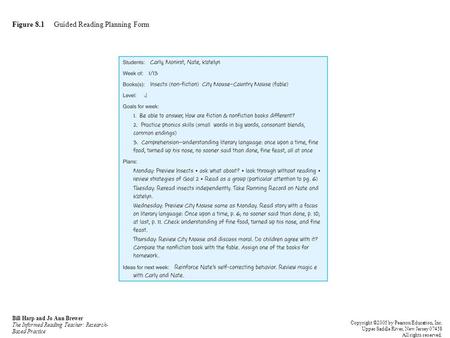 Figure 8.1 Guided Reading Planning Form Bill Harp and Jo Ann Brewer The Informed Reading Teacher: Research- Based Practice Copyright ©2005 by Pearson Education,