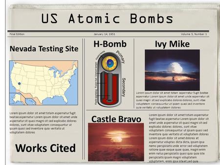 Korean War Gazette US Atomic Bombs Final EditionJanuary 14, 1951Volume 5, Number 1 Nevada Testing Site Lorem ipsum dolor sit amet totam aspernatur fugit.