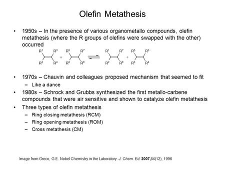 Olefin Metathesis 1950s – In the presence of various organometallo compounds, olefin metathesis (where the R groups of olefins were swapped with the other)