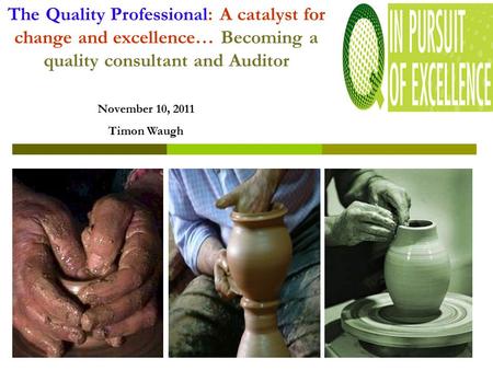 The Quality Professional: A catalyst for change and excellence… Becoming a quality consultant and Auditor November 10, 2011 Timon Waugh.