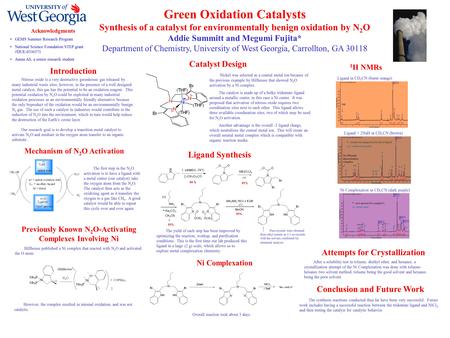 Green Oxidation Catalysts Synthesis of a catalyst for environmentally benign oxidation by N 2 O Addie Summitt and Megumi Fujita* Department of Chemistry,