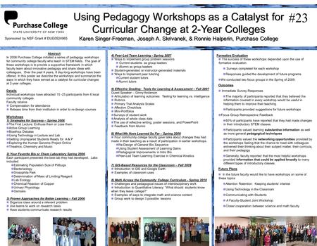 Using Pedagogy Workshops as a Catalyst for Curricular Change at 2-Year Colleges Karen Singer-Freeman, Joseph A. Skrivanek, & Ronnie Halperin, Purchase.