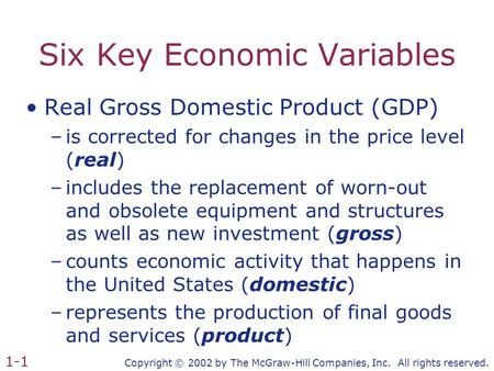 Copyright © 2002 by The McGraw-Hill Companies, Inc. All rights reserved. 1-1 Six Key Economic Variables Real Gross Domestic Product (GDP) –is corrected.