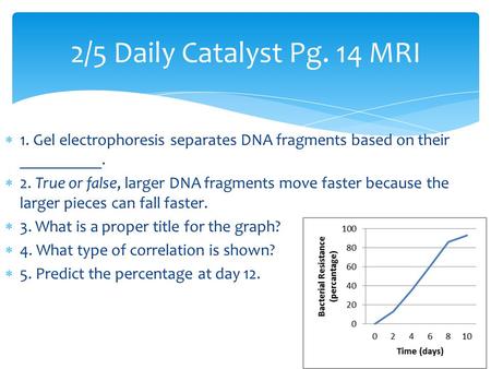  1. Gel electrophoresis separates DNA fragments based on their __________.  2. True or false, larger DNA fragments move faster because the larger pieces.